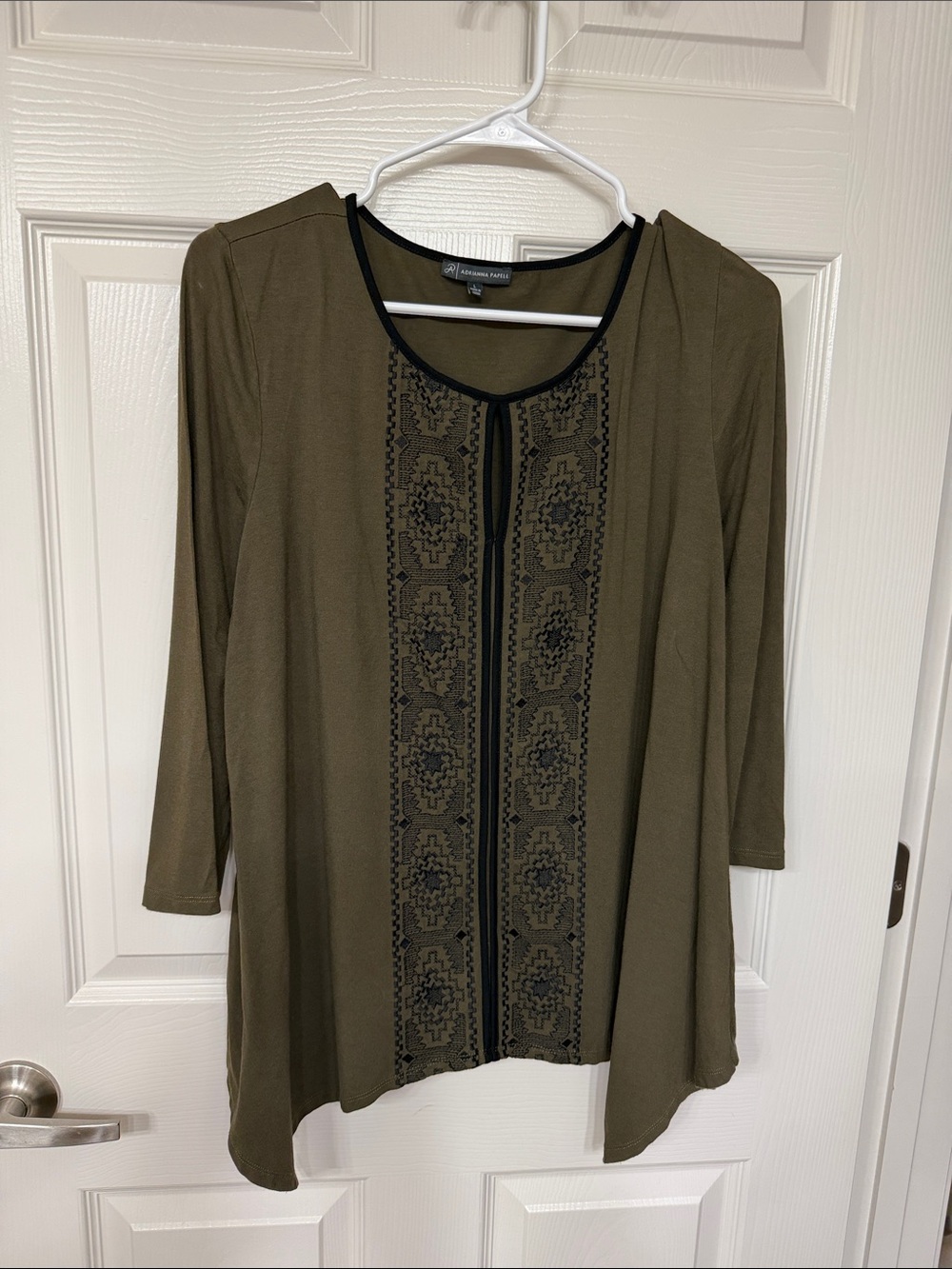 Adrianna Papell Olive Green Scoop Neck Top with Black Embroidery